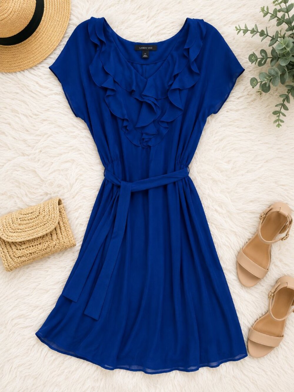 Lands' End Blue Ruffle Dress Size 10 Belted Flutter Sleeve Knee Length